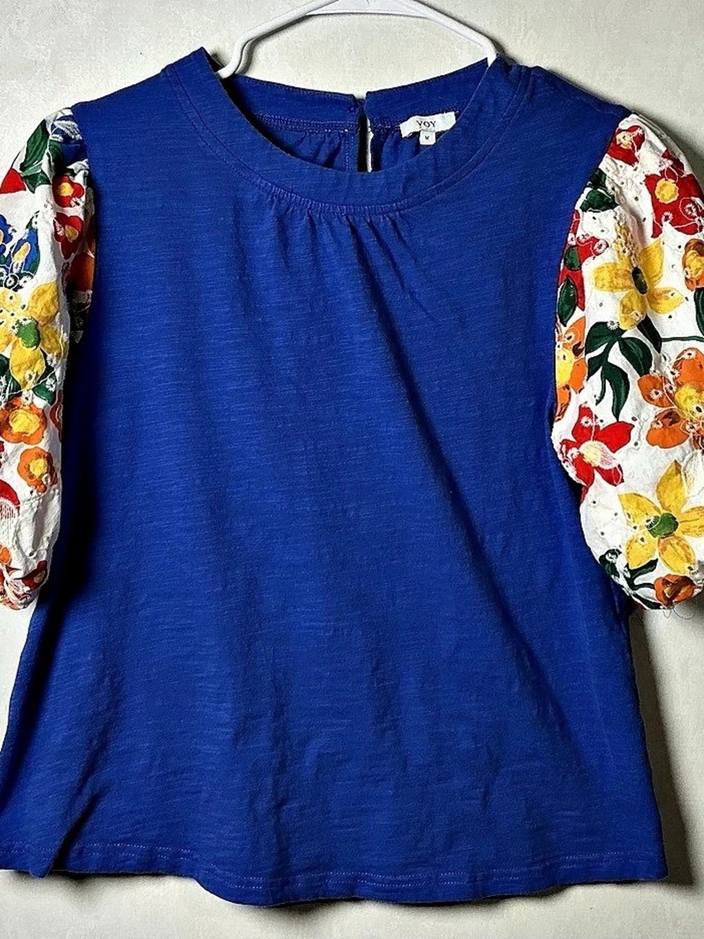Voy Floral Puff Sleeve Blouse in Blue Size Medium